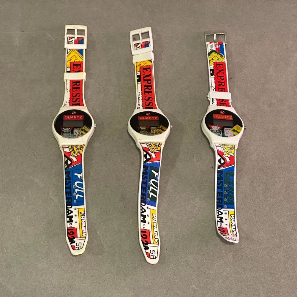 Vintage 90s Pop Art‎ Road Sign Digital Quartz Watch Lot of 3 Retro Kitsch White